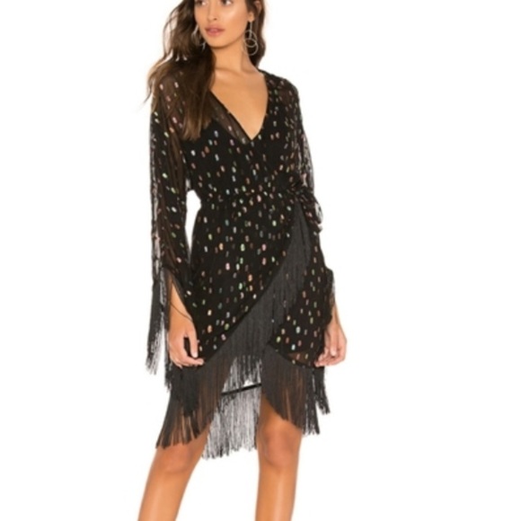 Michael Costello Dresses & Skirts - Revolve x Michael Costello Dot Dress Fringe Black Sheer Kimono Gypsy